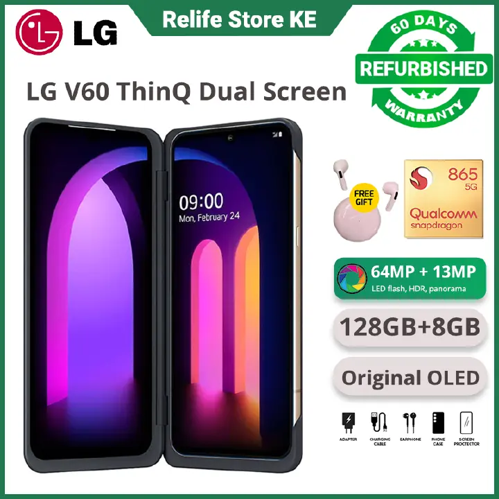 Refurbished Phones LG V60 ThinQ 5G 8GB RAM 6.8" OLED 5000mAh Battery 64MP+10MP Camera Snapdragon 865 5G Hifi Music In-Display Fingerprint Smart Phones