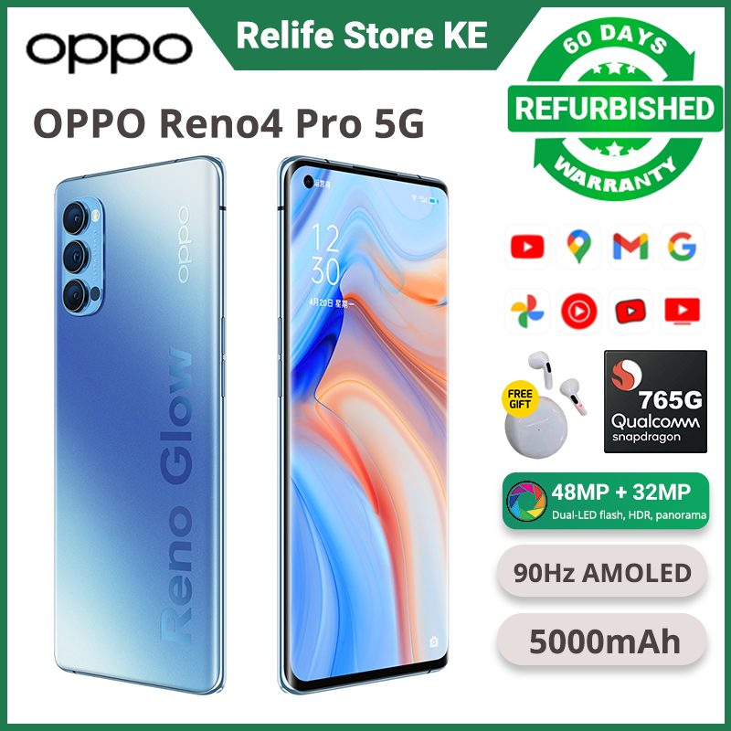 Refurbished Phone OPPO RENO 4 PRO 5G 13(8+5)GB RAM 128GB Storage 90Hz AMOLED 48MP+32MP Camera 4000 mAh Dual SIM 5G Network indisplay fingerprint Reno4 Pro Smart Phones Phones