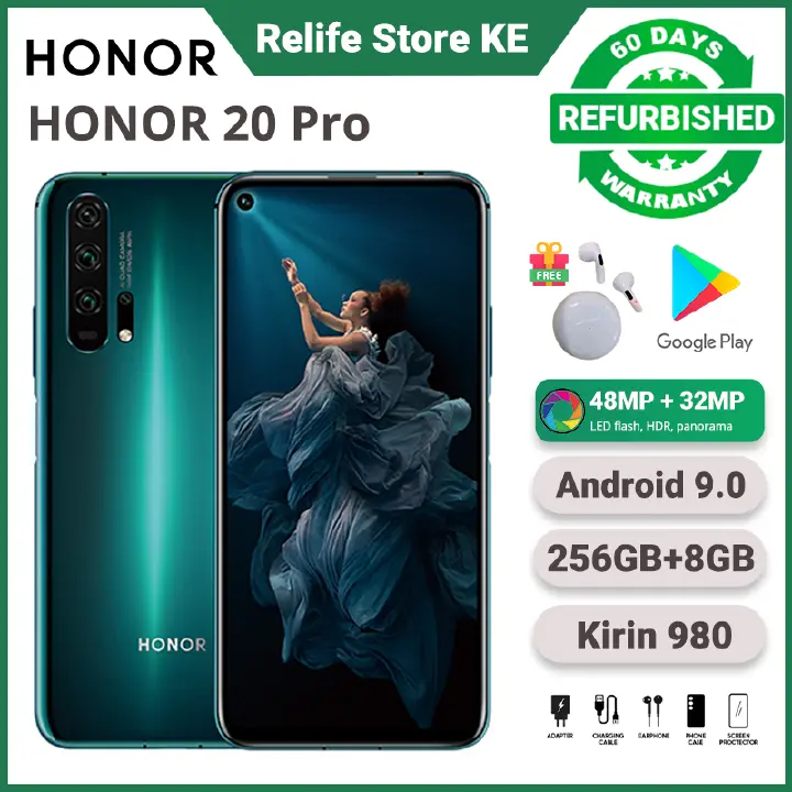Refurbished Phones HONOR 20 PRO 8GB RAM Dual SIM 4G Network 48MP+16MP+32MP Camera 4000mAh Battery Android 9 kirin 980 CPU Side Fingerprint Unlock Smart Phones