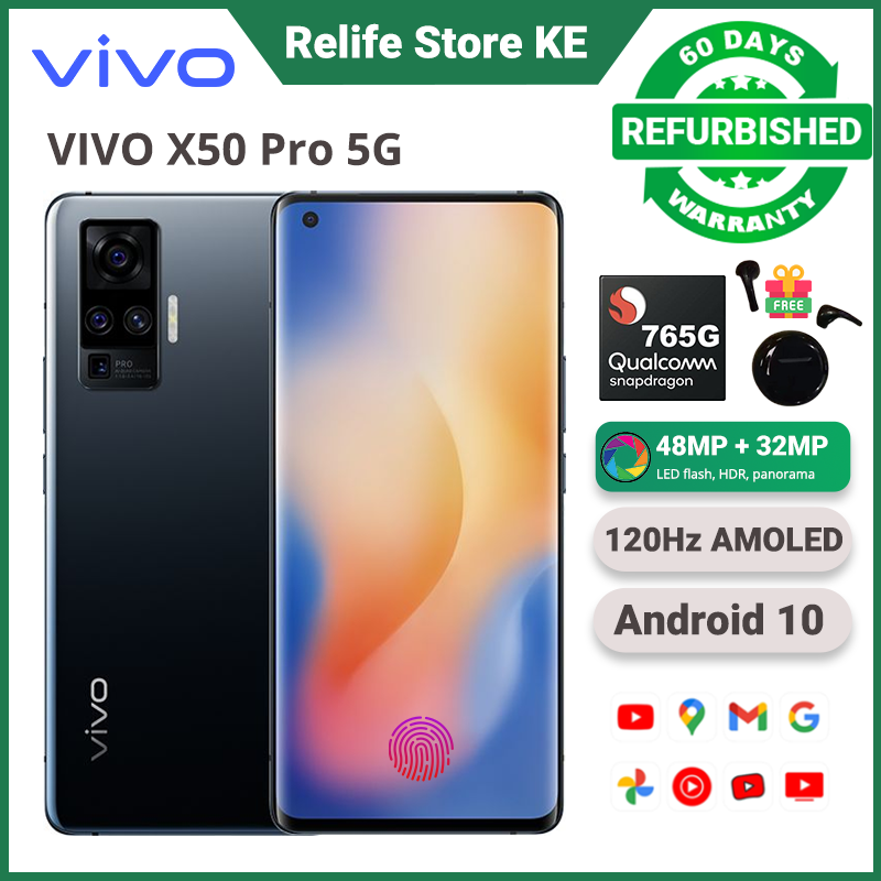 Refurbished VIVO X50 Pro 5G Snapdragon 765G NFC 4315mAh Battery 6.56'' 90Hz Refresh Curved AMOLED  48.0MP +32MP Camera Underdisplay Screen Fingerprint Unlock Smart Phones