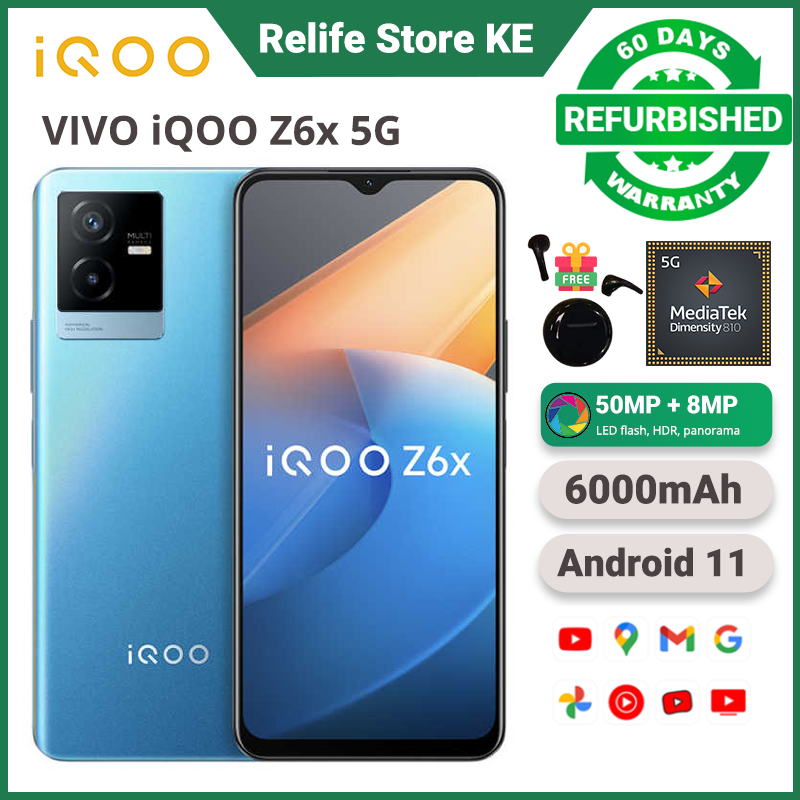 Refurbished VIVO iQOO Z6x 8GB RAM 128GB Storage Dimensity 810 5G 6.58" Screen 6000mAh Battery 50MP+8MP Camera Dual SIM Side Fingerprint Unlock Smart Phones