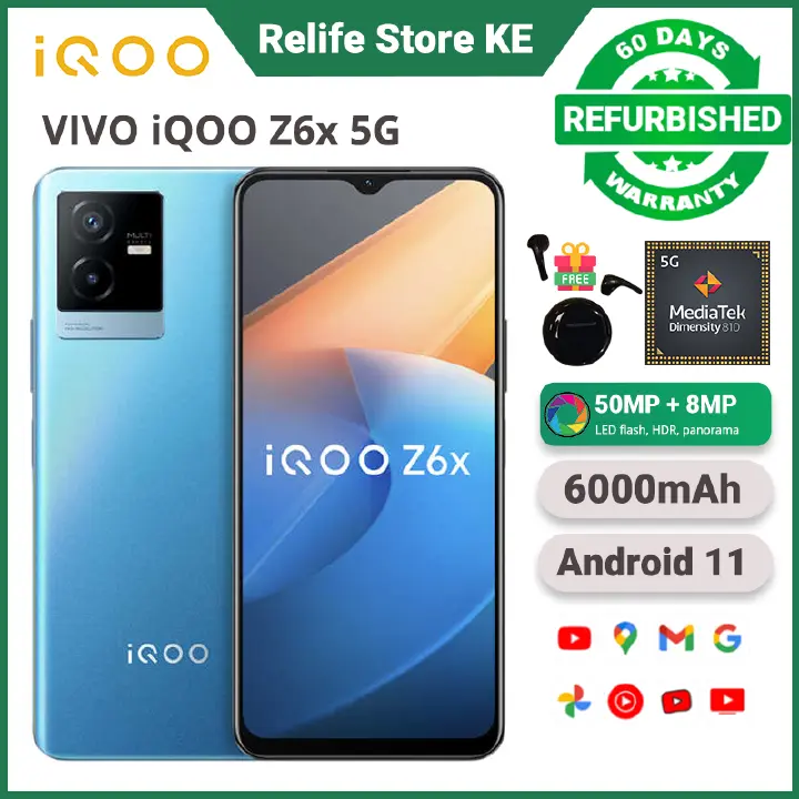 Refurbished VIVO iQOO Z6x 8GB RAM 128GB Storage Dimensity 810 5G 6.58" Screen 6000mAh Battery 50MP+8MP Camera Dual SIM Side Fingerprint Unlock Smart Phones