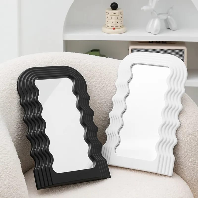 Tabletop wavy classy or wall-mounted decor mirrors are available in gold, black, and white.