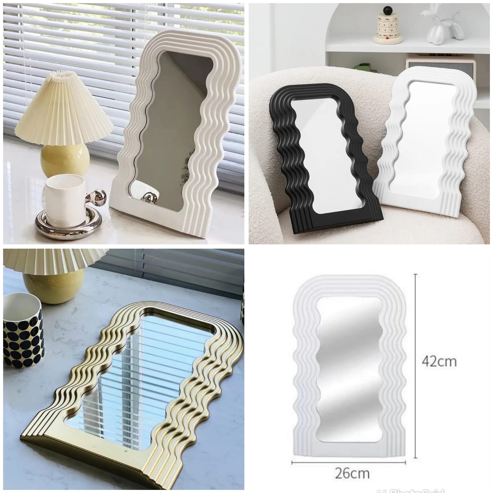 Tabletop wavy classy or wall-mounted decor mirrors are available in gold, black, and white.