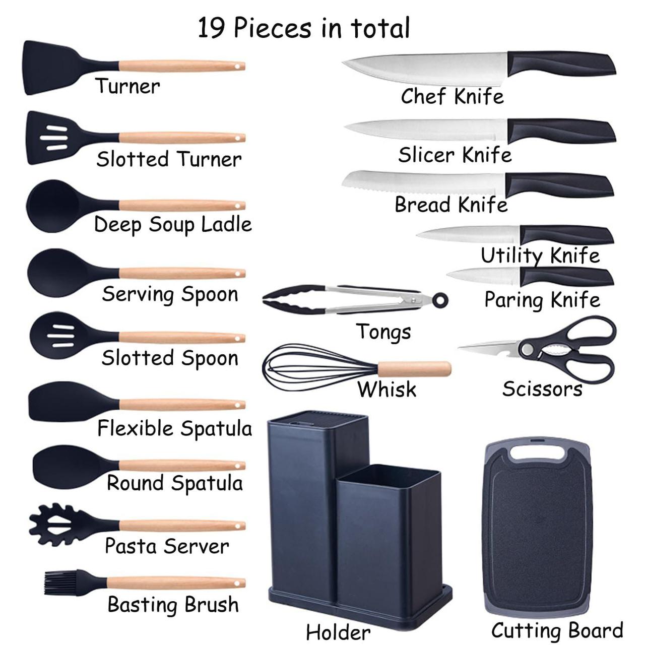 19 PCS EXECUTIVE SILICONE CUTLERY SET(TURNER, SLOTTED TURNER, DEEP SOUP LADLE, SPOONS KNIVES TONG, WHISK SCISSORS BOARD ETC)