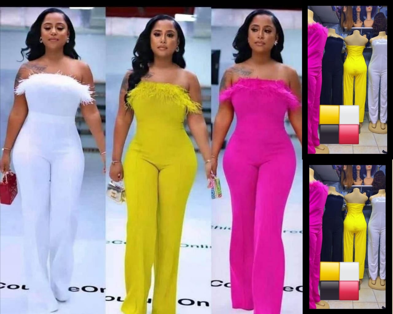 FASHIONABLE JUMPSUITS FOR LADIES, WHITE, YELLOW AND PINK. (LADIES DRESSES, TROUSERS, JUMPSUITS, CLASSY WEAR)
