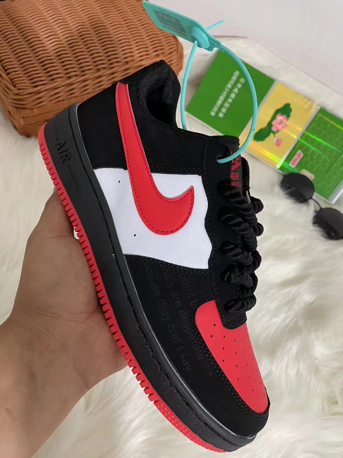 NEW ARRVAL NIKE AIR FORCE 1 BLACK SUEDE WITH RED SOLE , CHUNKY LACES, FASHIONABLE SNEAKERS.