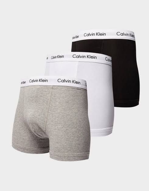 ORIGINAL CLAVIN KLEIN BOXERS, 3 BOXERS PER BOX, GREY, BLACK AND BLUE. HIGH QUALITY UNDERWEAR.