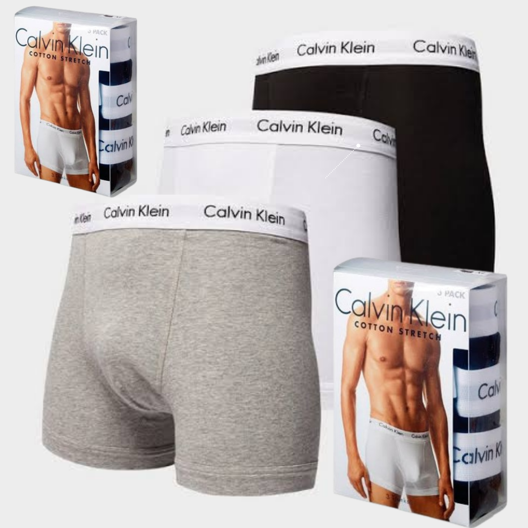ORIGINAL CLAVIN KLEIN BOXERS, 3 BOXERS PER BOX, GREY, BLACK AND BLUE. HIGH QUALITY UNDERWEAR.