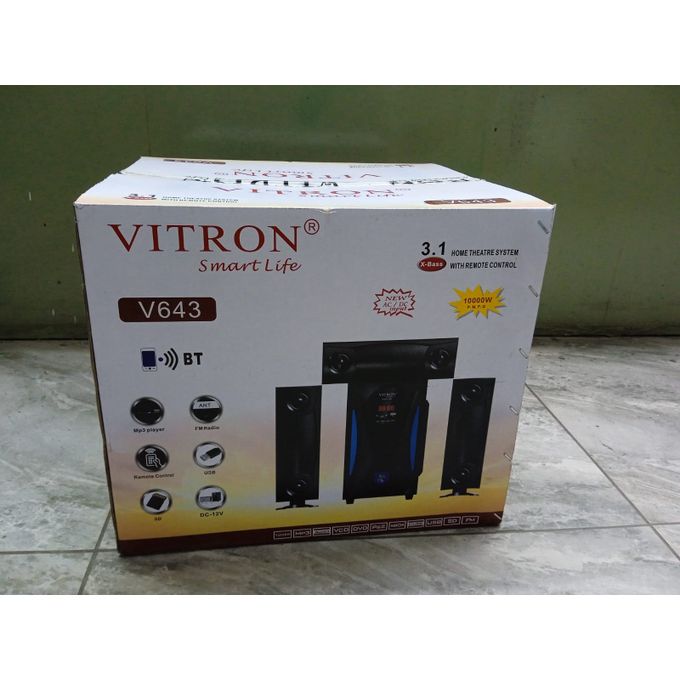 Vitron V643 3.1CH Remote 10000watts Bluetooth Aux/Digital FM ready USB Support Sd card Subwoofer System- 3 Speakers- Remote Contit is Aux/Digital FM,Compact  3.1CH Multimedia Speaker