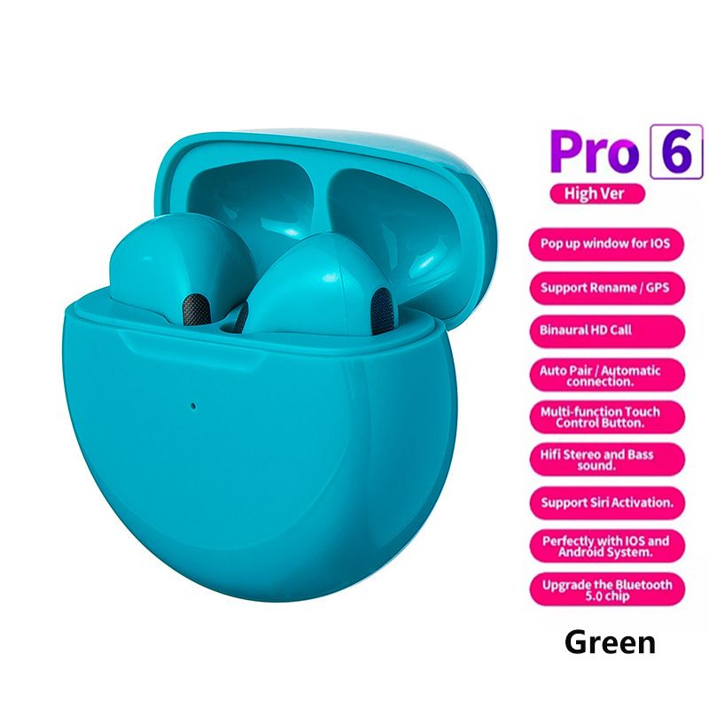 Air pro 6 true Bluetooth Wireless earphones run sports earphone with microphone Pro6 compatible with IOS Android phones TWS wireless Headset Bluetooth earphone Air Pro 6 for iphone Xiaomi Samsung AIRPRO6-Green