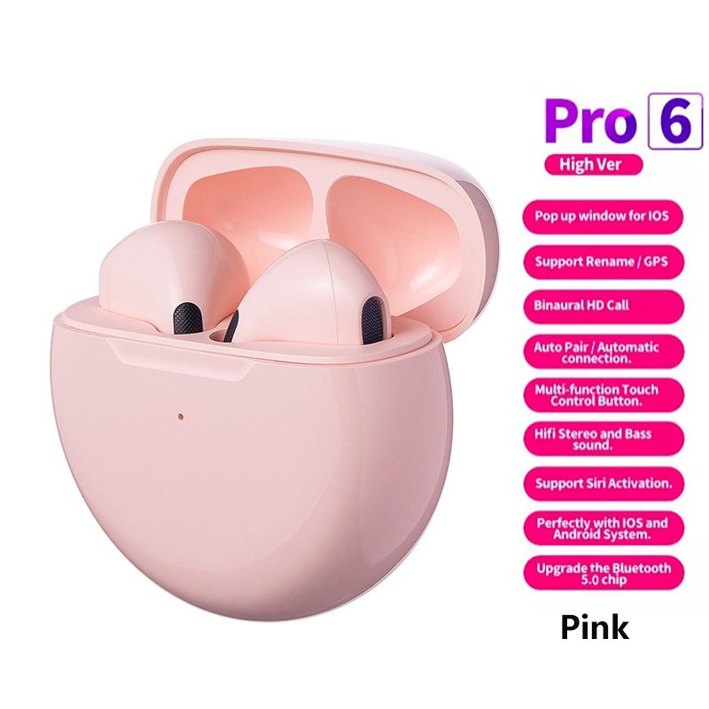 Aloking Pro6 TWS Bluetooth Earbuds Wireless Bluetooth Earphone Touch Control 9d Stereo Headset Build-in MIC earphones bluetooth original Cartoon pattern Cute Wireless Earphone Gaming Earbuds Airpods