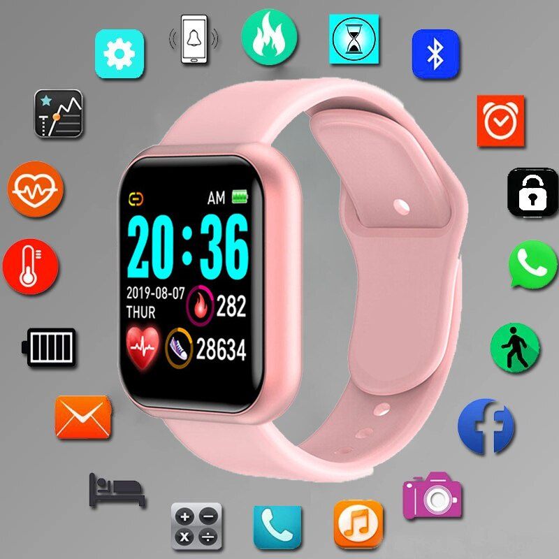 【In stock】Y68 Waterproof Smart Watch Bluetooth Sport SmartWatch Girl Woman Men For IPhone Xiaomi Fitness Tracker Heart Kids Pink Watch