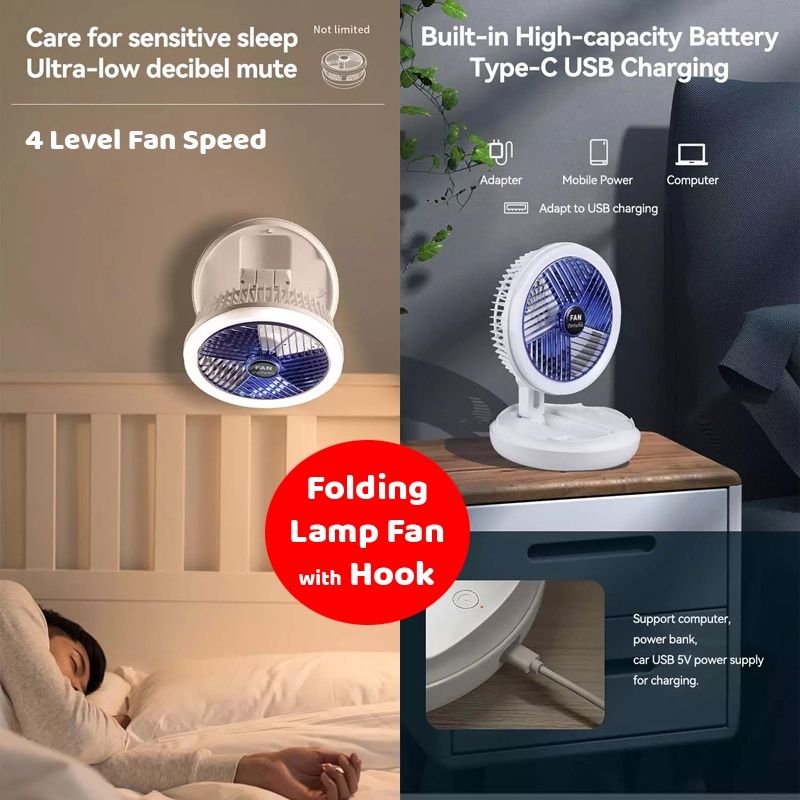 4 in 1 Rechargeable Fan with night lamp Rotation Adjustment Quiet 4 Speeds Wind Cooling Fan Portable Desktop 1500mAh telescopic folding fan Table Handheld Folding Fan Desk Rechargeable Fan