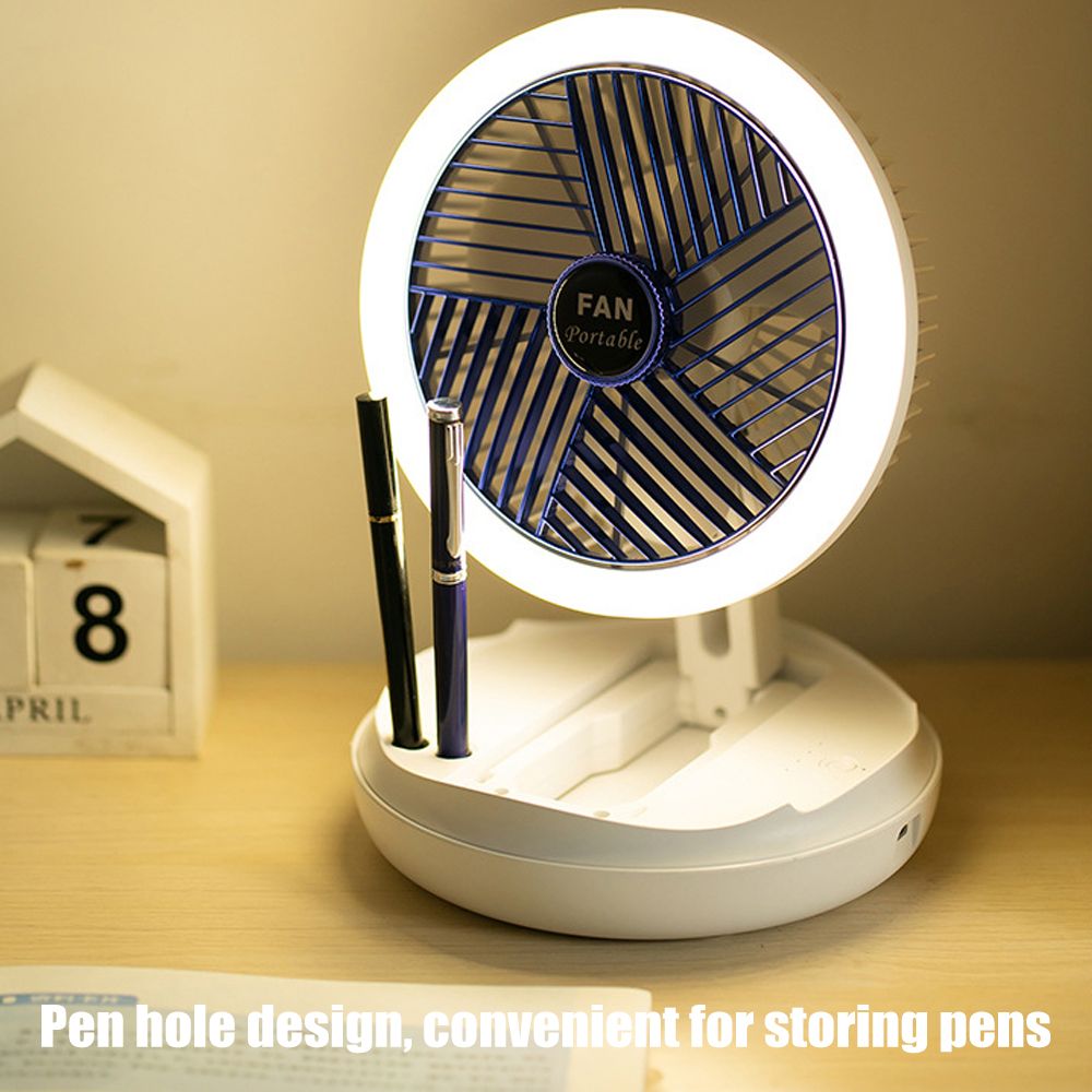 4 in 1 Rechargeable Fan with night lamp Rotation Adjustment Quiet 4 Speeds Wind Cooling Fan Portable Desktop 1500mAh telescopic folding fan Table Handheld Folding Fan Desk Rechargeable Fan
