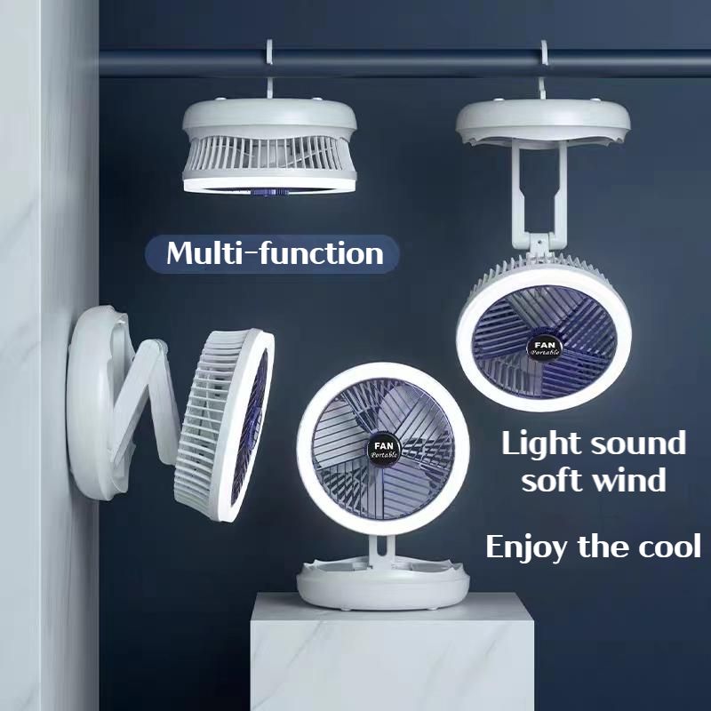 4 in 1 Rechargeable Fan with night lamp Rotation Adjustment Quiet 4 Speeds Wind Cooling Fan Portable Desktop 1500mAh telescopic folding fan Table Handheld Folding Fan Desk Rechargeable Fan