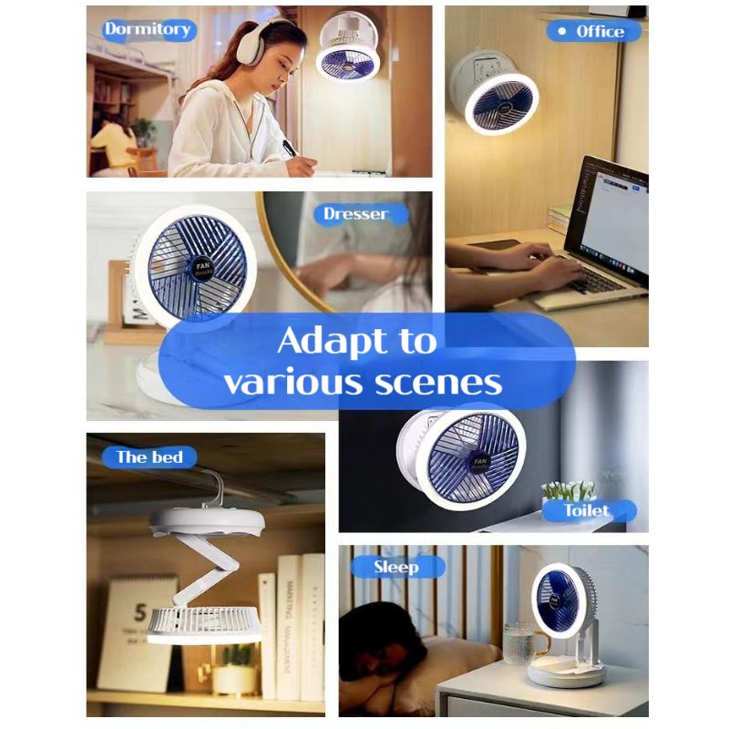 4 in 1 Rechargeable Fan with night lamp Rotation Adjustment Quiet 4 Speeds Wind Cooling Fan Portable Desktop 1500mAh telescopic folding fan Table Handheld Folding Fan Desk Rechargeable Fan