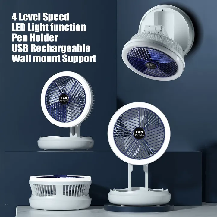 4 in 1 Rechargeable Fan with night lamp Rotation Adjustment Quiet 4 Speeds Wind Cooling Fan Portable Desktop 1500mAh telescopic folding fan Table Handheld Folding Fan Desk Rechargeable Fan