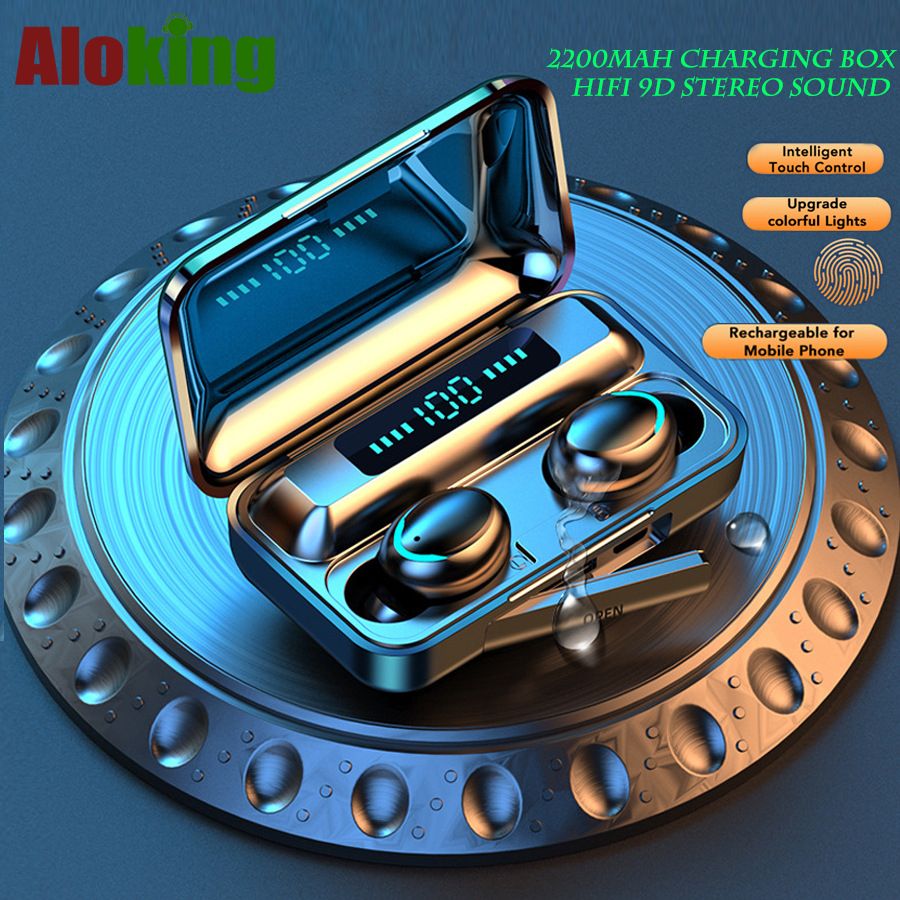 Aloking F9 Earpods Wireless Bluetooth Earphone Waterproof headphones bluetooth earphones LED TWS Earbud Noise Cancelling headset with mic wireless earphone gaming headset Bluetooth earpods for android