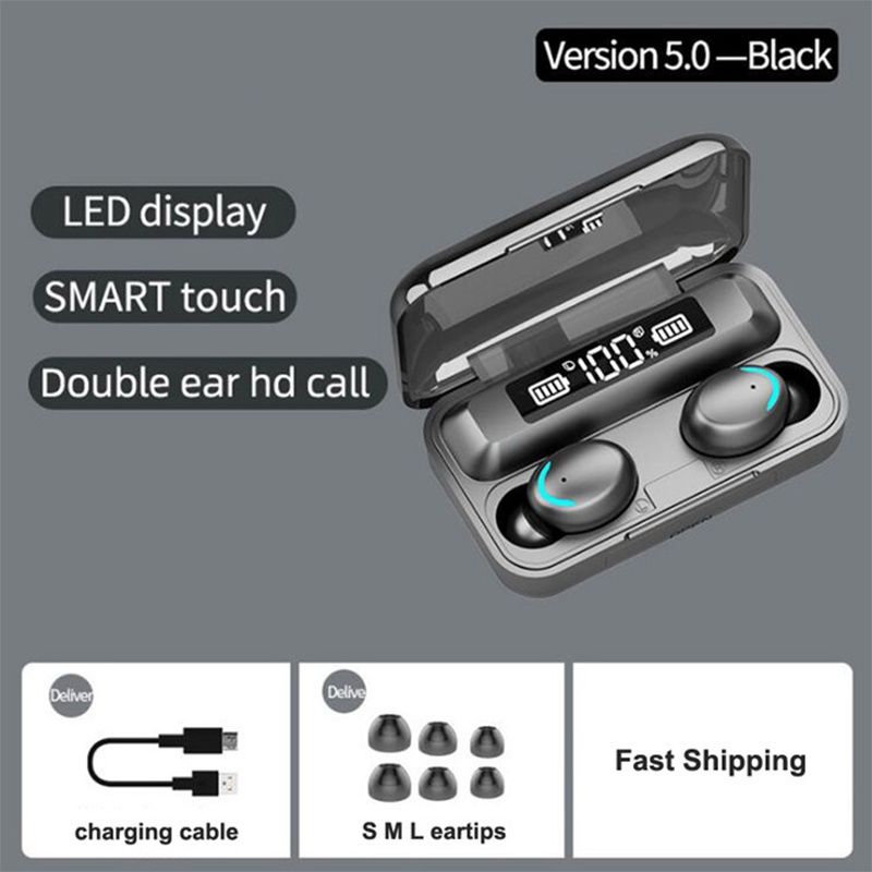 Aloking F9 Earpods Wireless Bluetooth Earphone Waterproof headphones bluetooth earphones LED TWS Earbud Noise Cancelling headset with mic wireless earphone gaming headset Bluetooth earpods for android