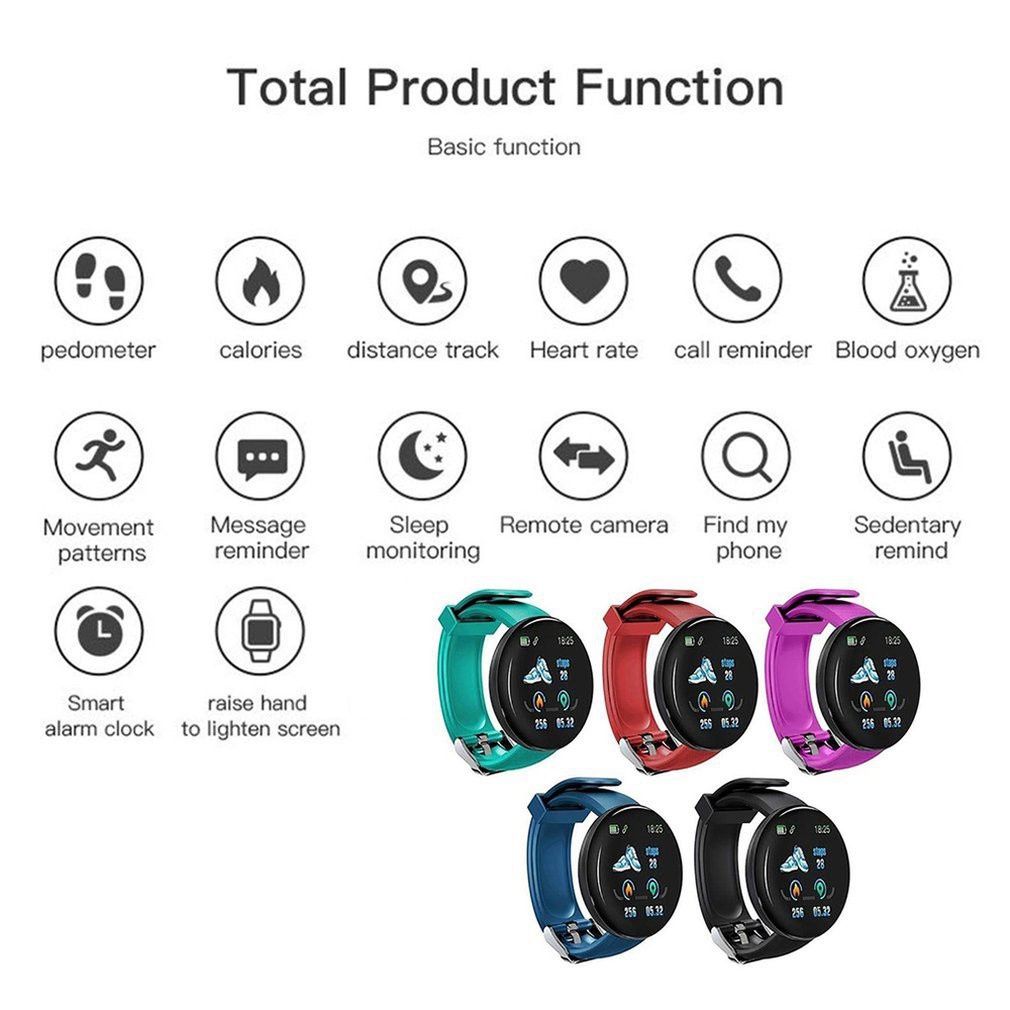 Aloking D18S Bluetooth Smart Watch Men Women Round Screen TPU Strap Bluetooth Fitness Tracker Smartwatch Blood Pressure Kids Waterproof Smartwatches for IOS Android Smart band Smart bracelet