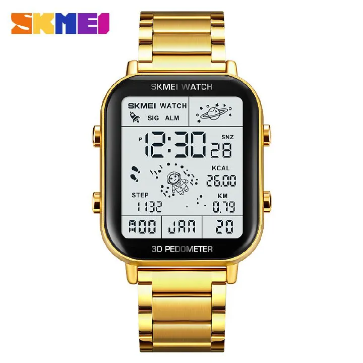 SKMEI Man Watch Gold Watch for Man Woman Fashion Sport Digital Watch for Men Waterproof 3D Step Watch12/24H clock Square Watch 30M Waterproof Stainless steel band Calorie Counting Woman Wrist Watch