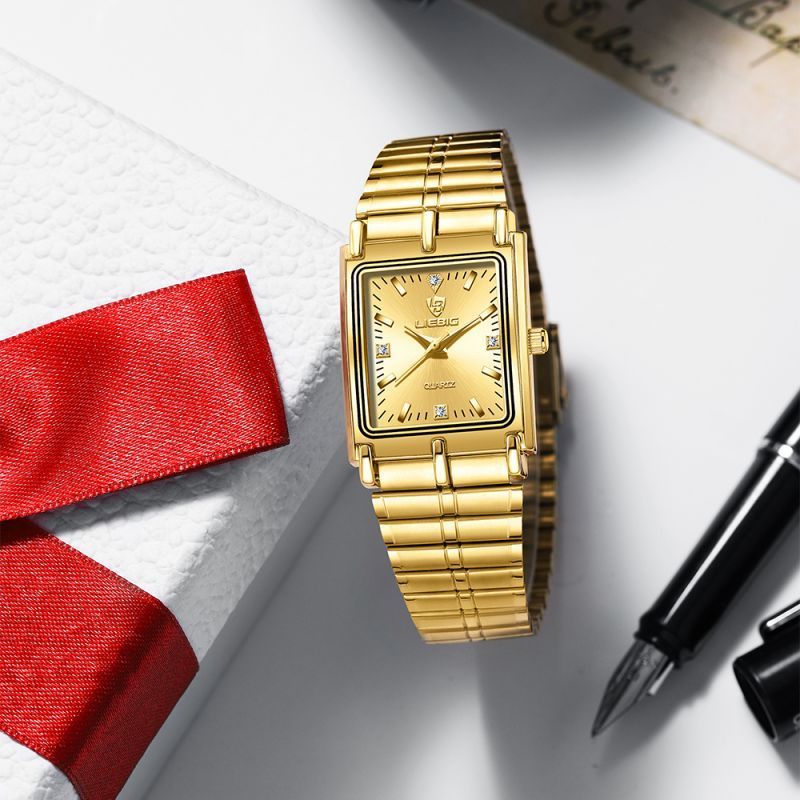 LIEBIG watch couple watch quartz watch classic fashion couple small square watch steel strap ultra-thin gold waterproof watch for men Casual Fashion Business Watch for woman diamond small analog watch