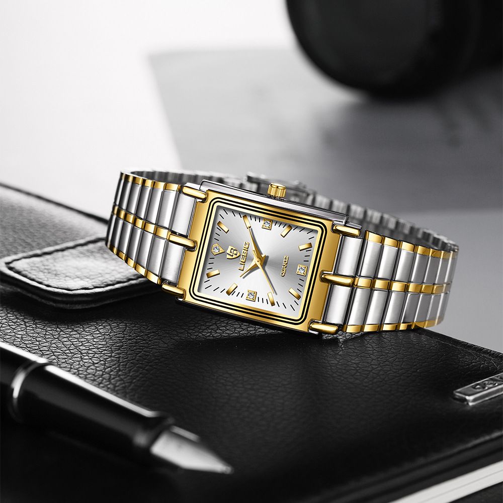 LIEBIG watch couple watch quartz watch classic fashion couple small square watch steel strap ultra-thin gold waterproof watch for men Casual Fashion Business Watch for woman diamond small analog watch