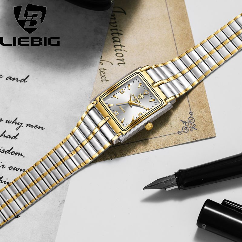 LIEBIG watch couple watch quartz watch classic fashion couple small square watch steel strap ultra-thin gold waterproof watch for men Casual Fashion Business Watch for woman diamond small analog watch