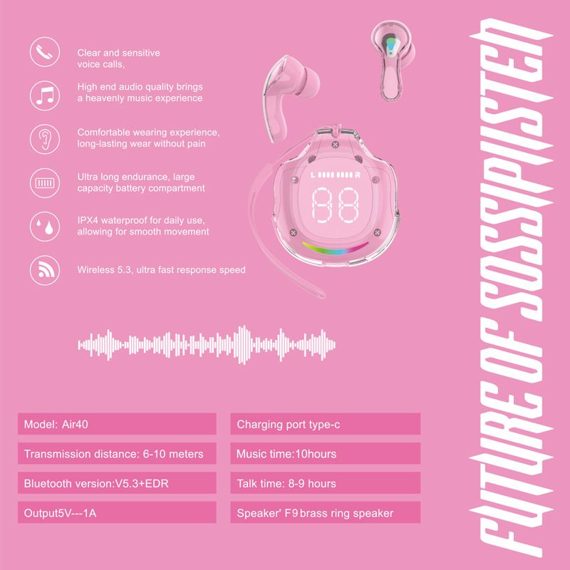air 40 TWS bluetooth wireless earphone gaming music earbuds 2024 New wireless bluetooth earphones airpods noise reduction digital display breathing light HIFI sound earpods gaming headset for IOS