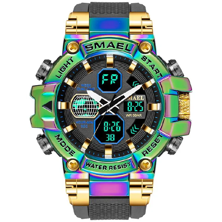 Men Watch Colorful alloy watch men's outdoor sports 50M waterproof multi-function electronic watch digital watch G Shock analog watch Round Screen Fashion Men Sports Watch Alarm Clock Luminous Display