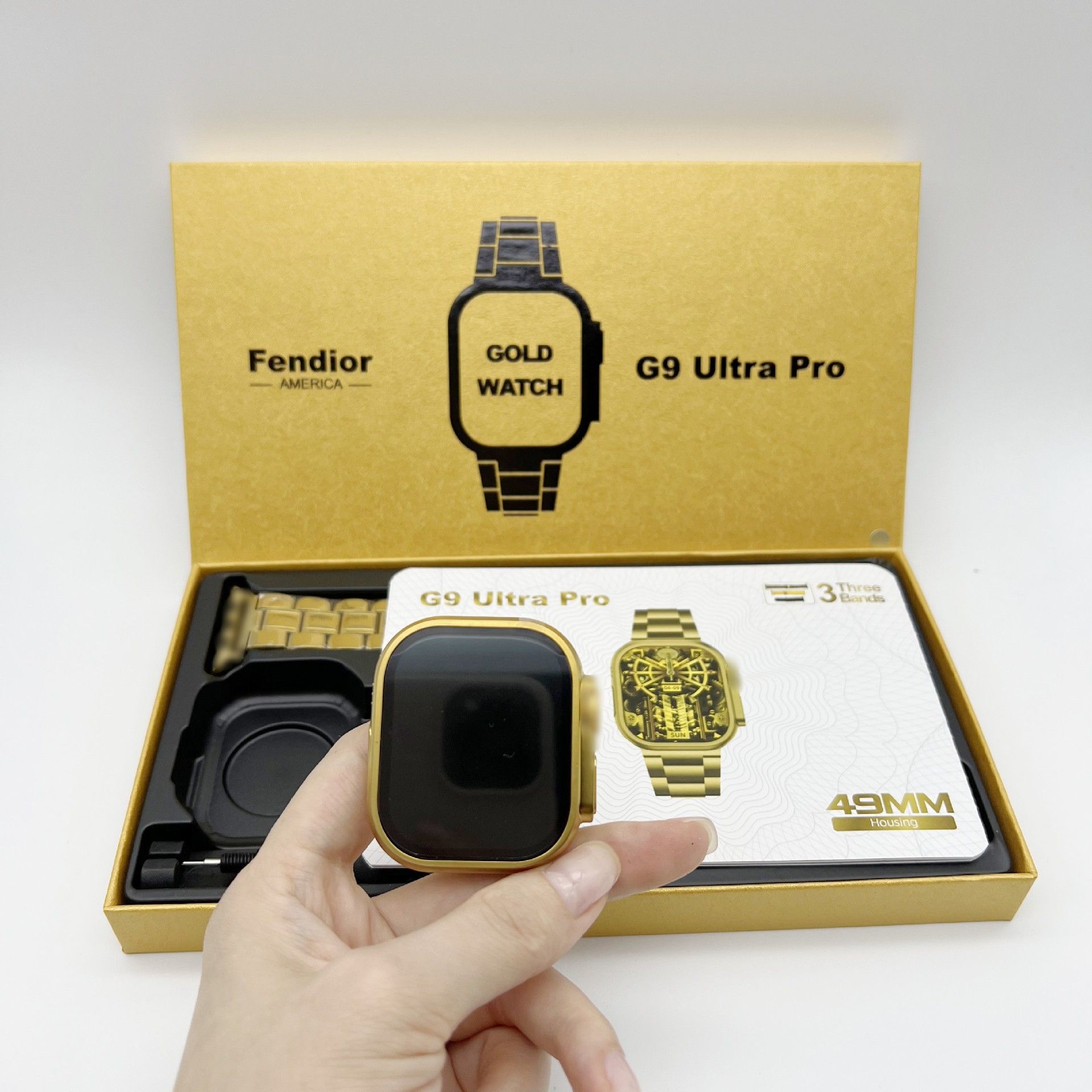 G9 Ultra Pro Men Smart Watch with 3 bands casual sports business Smartwatches 49MM HD display Square watch Digital Watch touch control NFC Bluetooth Call gold watch for Men Woman with Magnetic charger