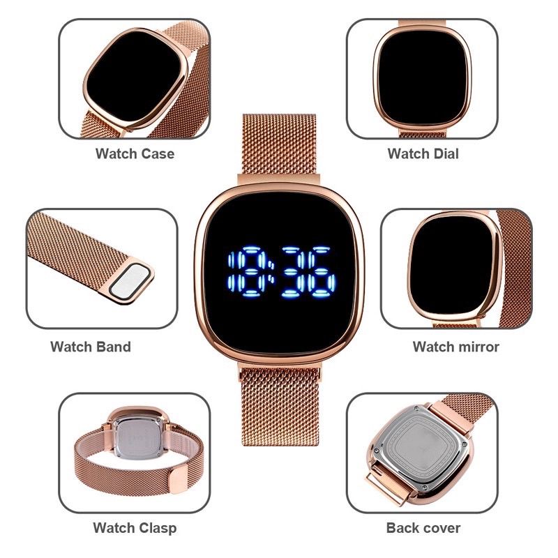 LED Touch Screen Magnetic Buckle Watch Fashion Stainless Wristwatch For Women Men Square LED smart touch screen watch white light couple wrist watch magnetic buckle milanese belt electronics watch