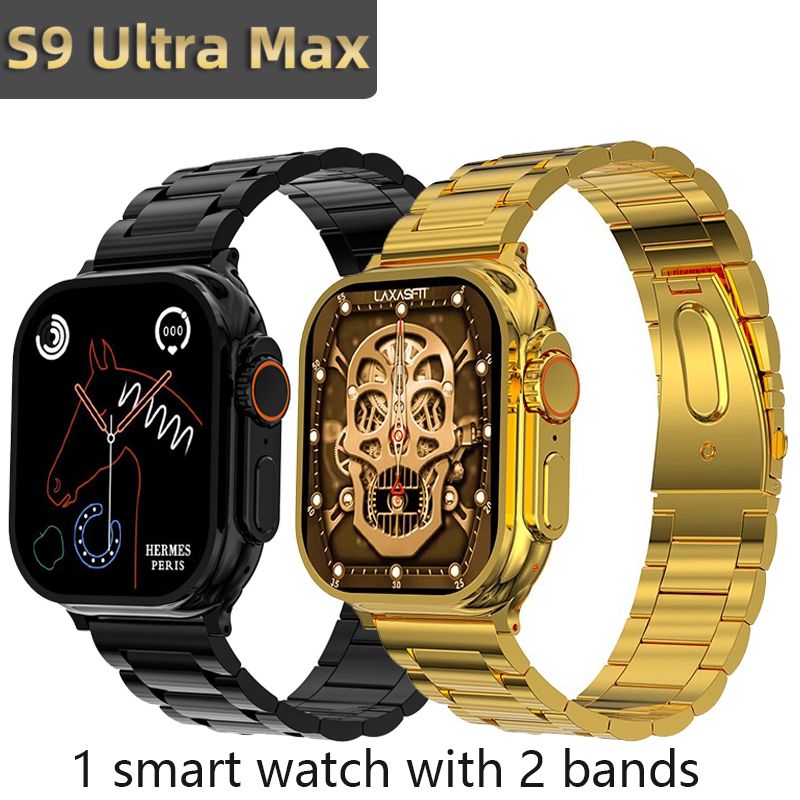 GPS NFC 24K Gold S9 Ultra Max Smart Watch with 2 pcs Strap Men Smart Watch Smartwatch S9 1.96'' Square Screen Waterproof Bussiness Casual Sports Watch Heart rate monitor Smart watch for android IOS