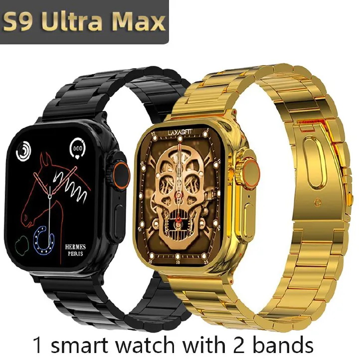 24K Gold Smart Watch Woman Men Smart Watch S9 Ultra Max Smartwatch with 2 Bands Support NFC S9 1.96'' Square Screen Waterproof Bussiness GPS Tracker Heart rate monitor for iphone android Couple Watch