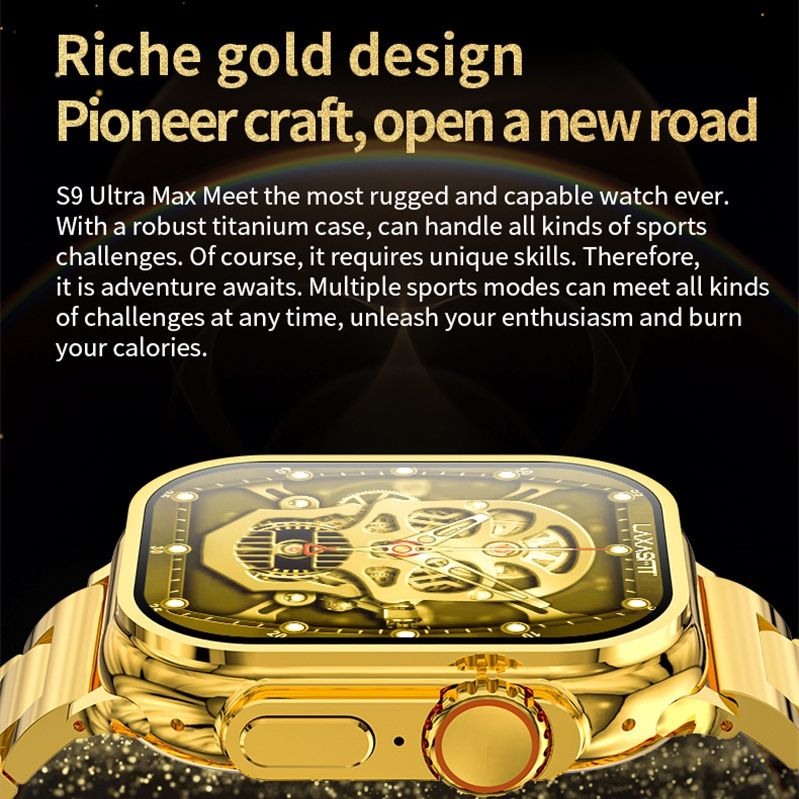GPS NFC 24K Gold S9 Ultra Max Smart Watch with 2 pcs Strap Men Smart Watch Smartwatch S9 1.96'' Square Screen Waterproof Bussiness Casual Sports Watch Heart rate monitor Smart watch for android IOS