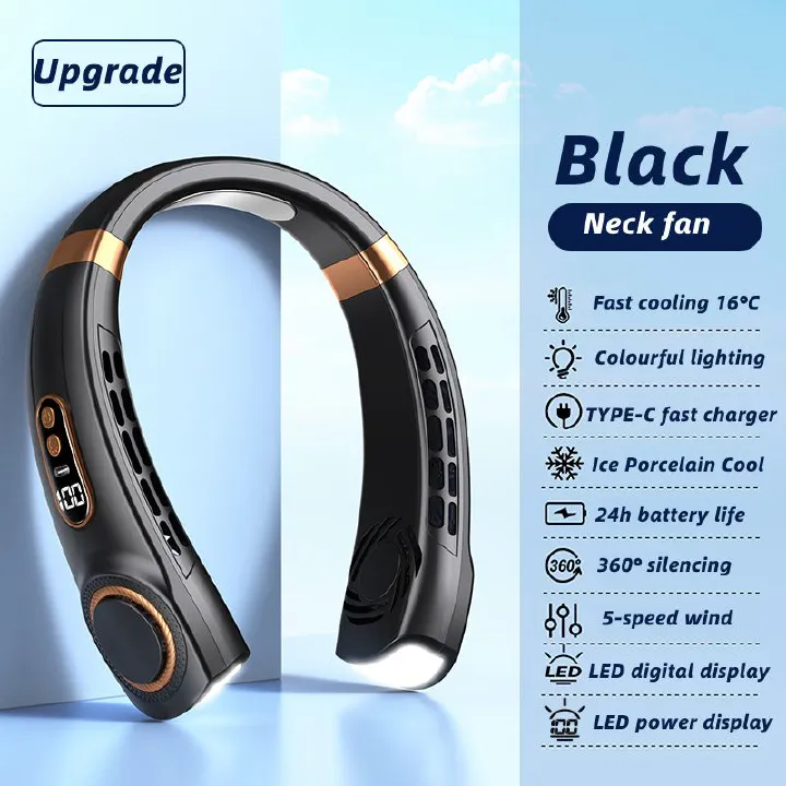 5 speeds strong wind USB rechargeable neck fan cooler 4000mAh portable neck fan electric small fan ultra-long endurance strong cold air neck fan cooling fan Quiet Power LED display personal fan men