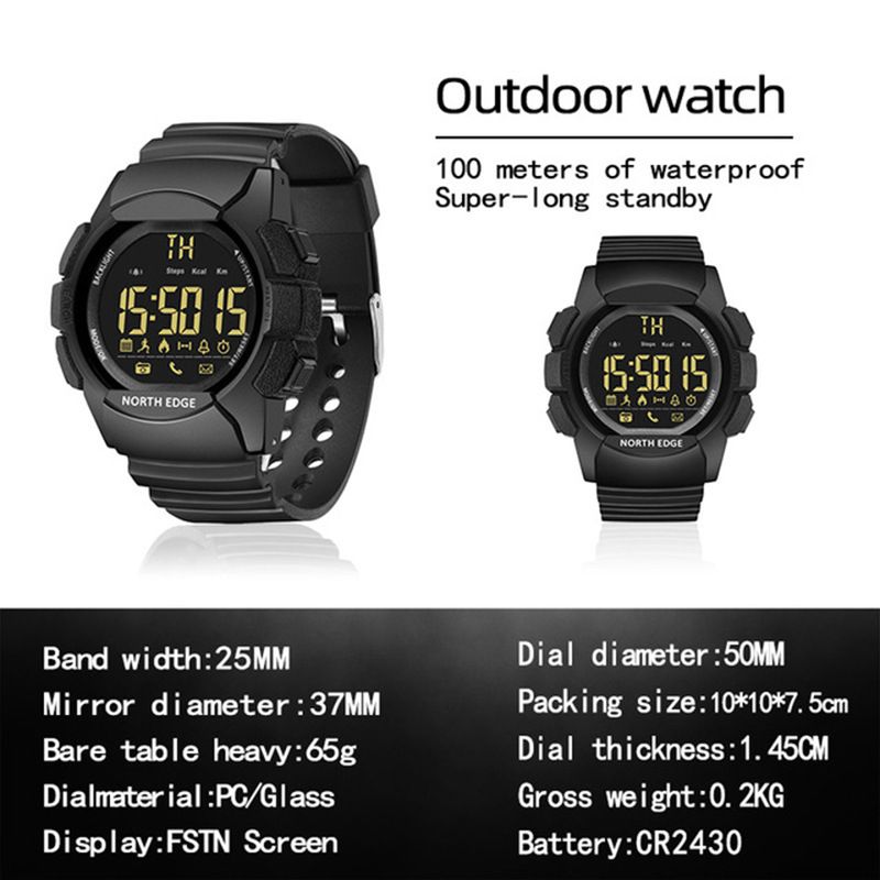 100 Meters Waterproof Sport Watch Military Men Smart Watch Alarm Clock Electronic Watch Men Long Stand-by Stopwatch Bluetooth Call Reminder for Android IOS iPhone North Edge AK Outdoor Watches for Men