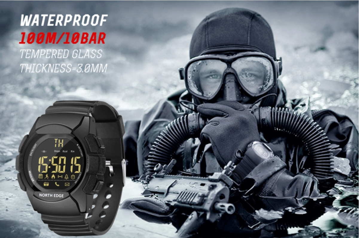 100 Meters Waterproof Sport Watch Military Men Smart Watch Alarm Clock Electronic Watch Men Long Stand-by Stopwatch Bluetooth Call Reminder for Android IOS iPhone North Edge AK Outdoor Watches for Men