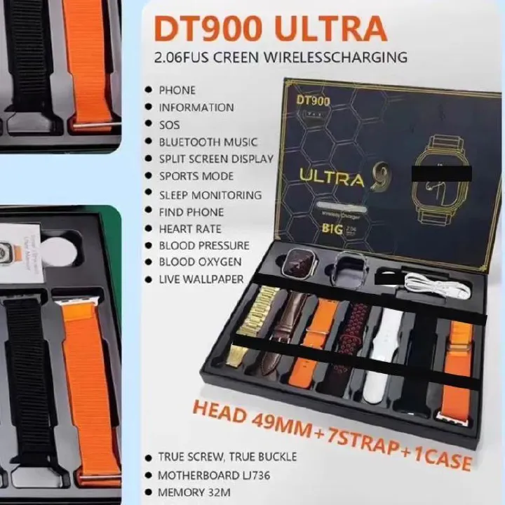 Men's Smart watch DT900 Ultra 9 7 In 1with Heart rate Music Waterproof Compatible on Android iOS SOS Big 2.06'' Screen 49MM 7 Straps 1 Protective Case DT900 Ultra 9 Smart Watch Woman Smartwatch set