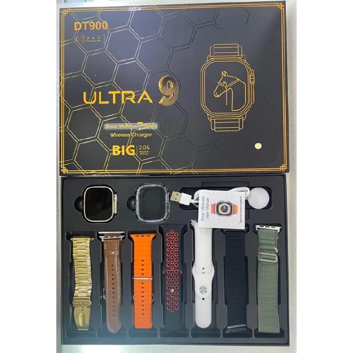 Men Smart watch DT900 Ultra 9 with Heart rate Music Find Phone Compatible on Android and iOS SOS Big 2.06Inch Screen 49MM 7 Straps 1 Protective Case 7 In 1 DT900 Ultra 9 Smart Watch Smartwatch set
