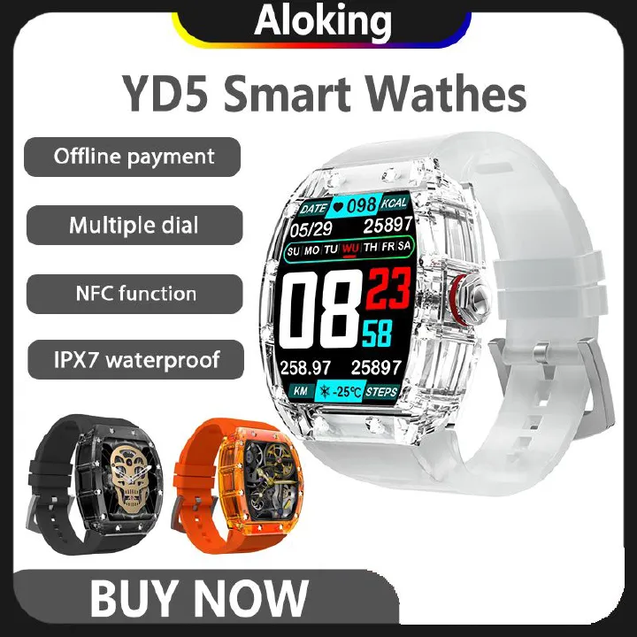 Fashion HD Curved screen YD5 Smart Watch For Men Women Touch Control NFC Alipay Gaming Smartwatch Sport Fitness Heart Rate crystal case Clear Orange Color Waterproof Sport smart watch For Student Kid