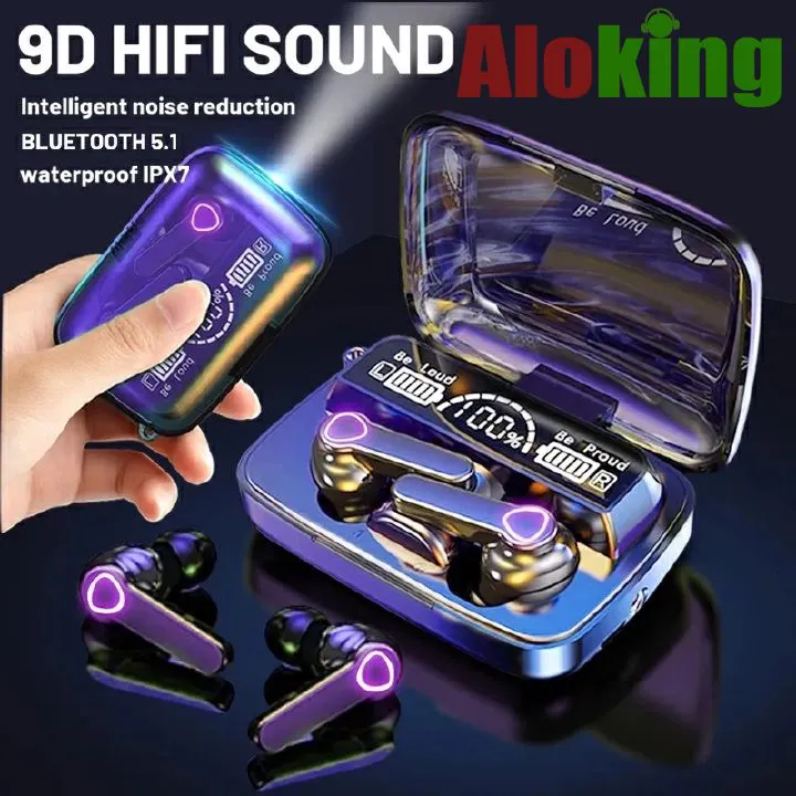 M19 Earpods wireless earphone With Light TWS Wireless LED Bluetooth Earphone Digital Display Touch Emergency Power Bank Headset Noise-cancelling In-ear 9D Stereo Gaming Wireless Headphones with Mic