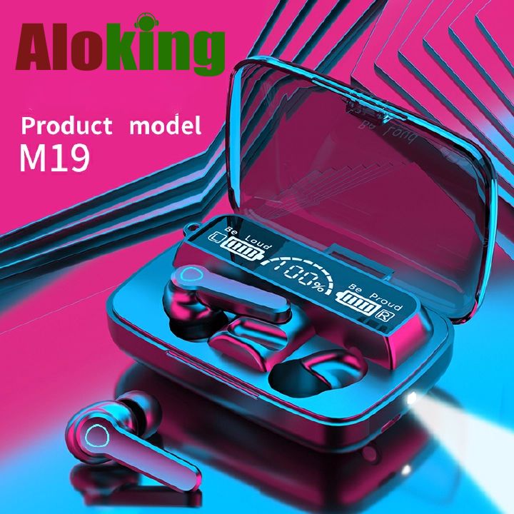 M19 Earpods wireless earphone With Light TWS Wireless LED Bluetooth Earphone Digital Display Touch Emergency Power Bank Headset Noise-cancelling In-ear 9D Stereo Gaming Wireless Headphones with Mic