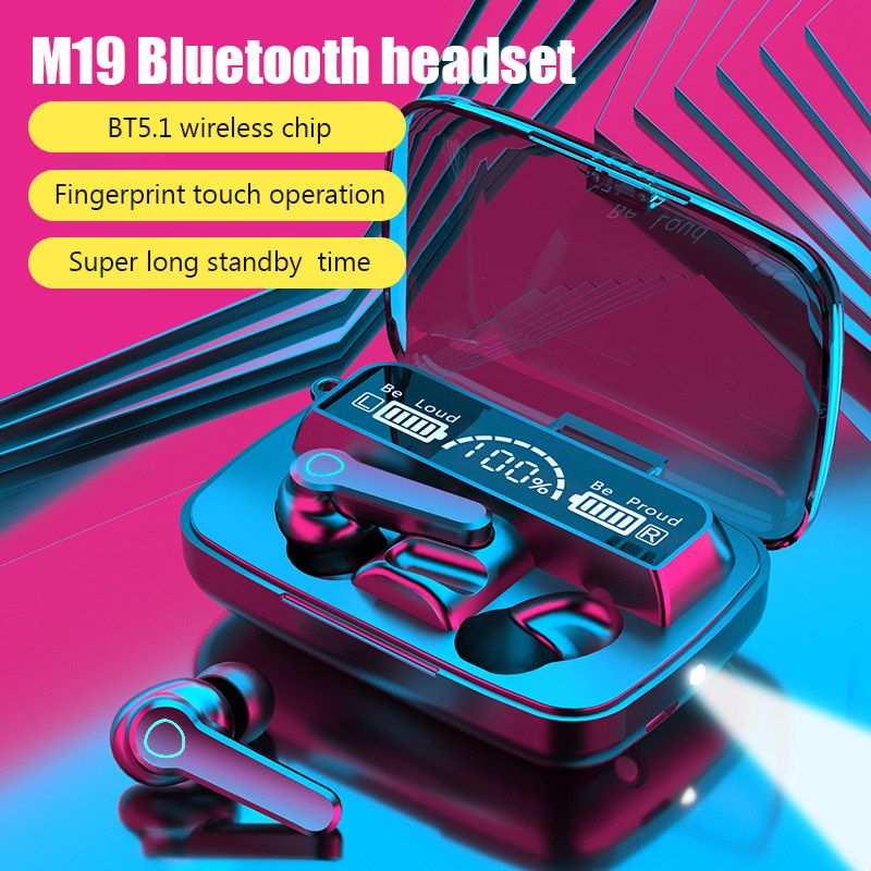M19 Earpods wireless earphone With Light TWS Wireless LED Bluetooth Earphone Digital Display Touch Emergency Power Bank Headset Noise-cancelling In-ear 9D Stereo Gaming Wireless Headphones with Mic
