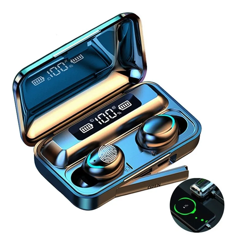 Aloking F9 Earpods Wireless Bluetooth Earphone Waterproof headphones bluetooth earphones LED TWS Earbud Noise Cancelling headset with mic wireless earphone gaming headset Bluetooth earpods for android