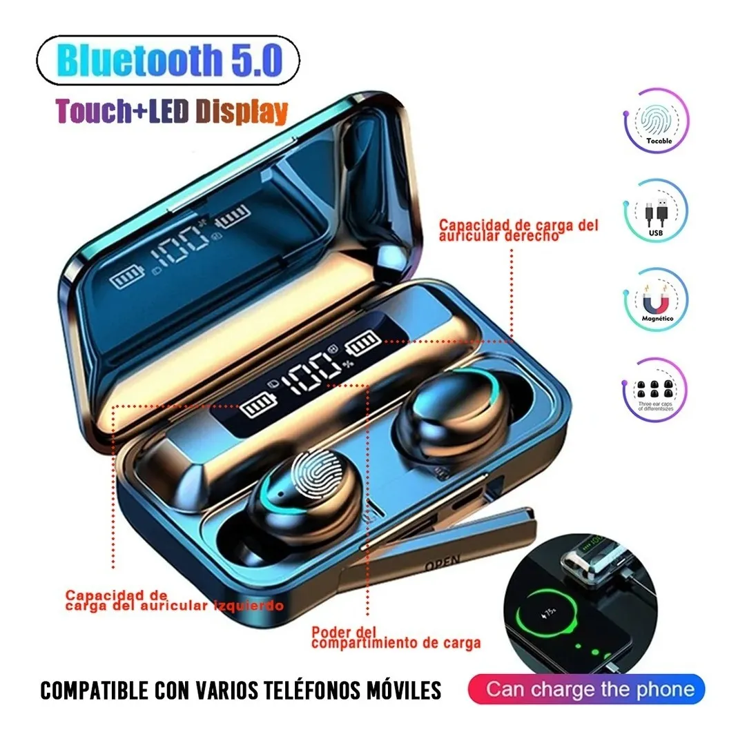 Aloking F9 Earpods Wireless Bluetooth Earphone Waterproof headphones bluetooth earphones LED TWS Earbud Noise Cancelling headset with mic wireless earphone gaming headset Bluetooth earpods for android