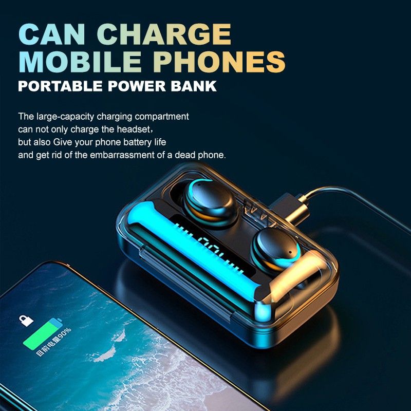 Aloking F9 Earpods Wireless Bluetooth Earphone Waterproof headphones bluetooth earphones LED TWS Earbud Noise Cancelling headset with mic wireless earphone gaming headset Bluetooth earpods for android