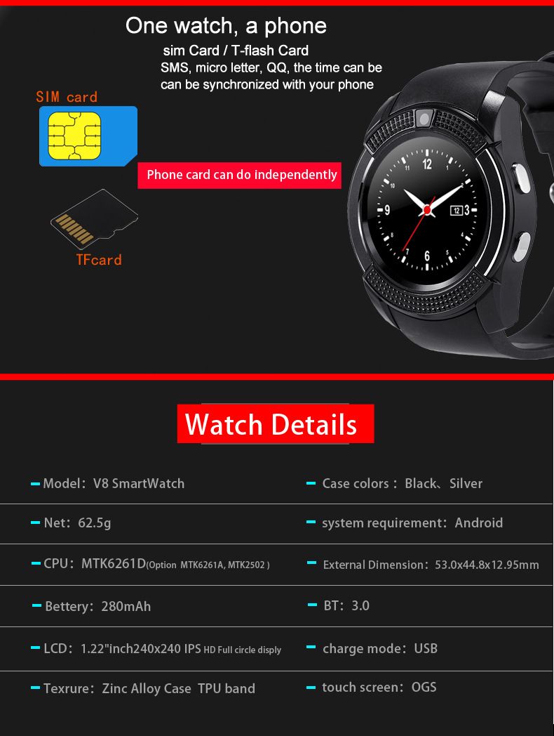 V8 Touch Screen Bluetooth Smart Watch With Sim card and TF Card slot Men's Smartwatch Sport Fitness Tracker Watches Sim Card Phone Support Camera independently Watch Style smartphone Men Smart watch