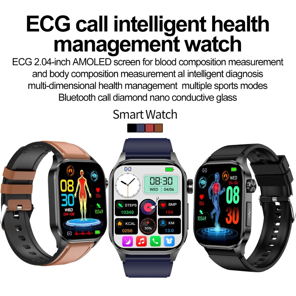 ET580 Smart Watch New Style AMOLED Screen Innovative Test Blood Sugar Temperature Heart Rate Body Fat Exercise Pedometer Smartwatch for Woman Men Smartwatch PU Leather Waterproof Unisex Sports Watches